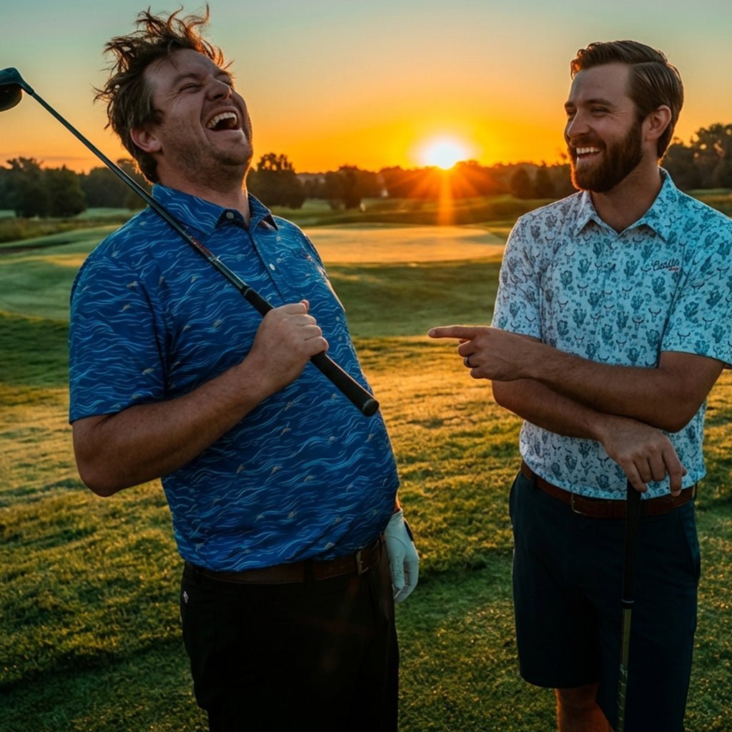 two men laughing on a golf course