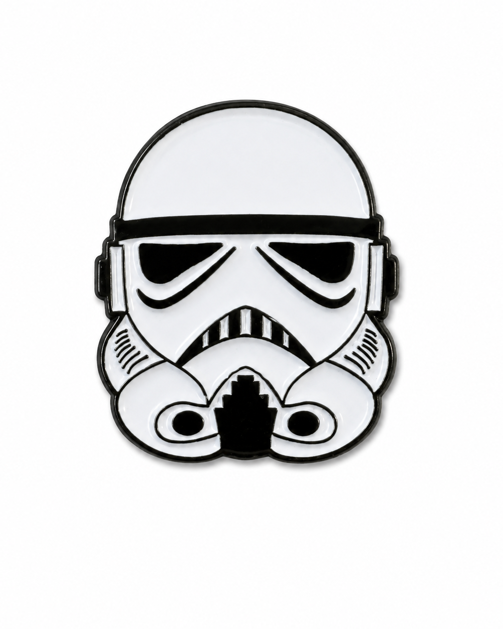 A black and white enamel pin shaped like a Stormtrooper helmet, centered on a solid white background.