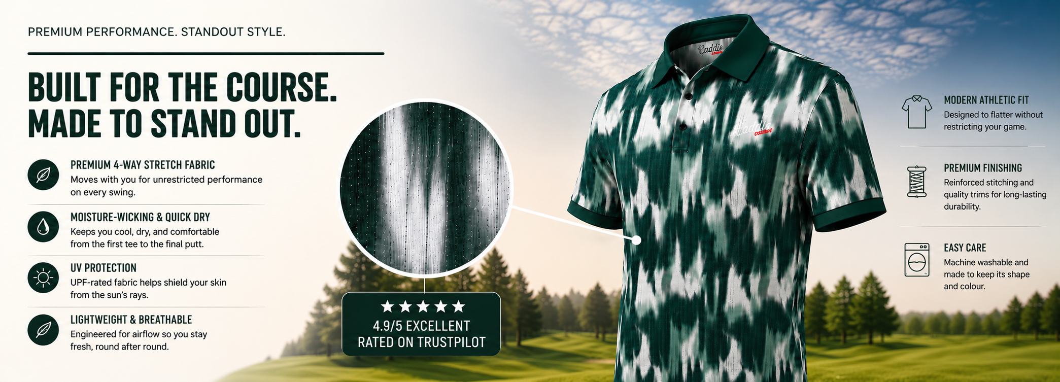A promotional product graphic for a golf shirt. The shirt is shown on a mannequin torso against a golf course background, alongside a circular fabric detail inset and marketing text highlighting features like premium performance fabric, stretch, moisture-wicking, and lightweight breathability.