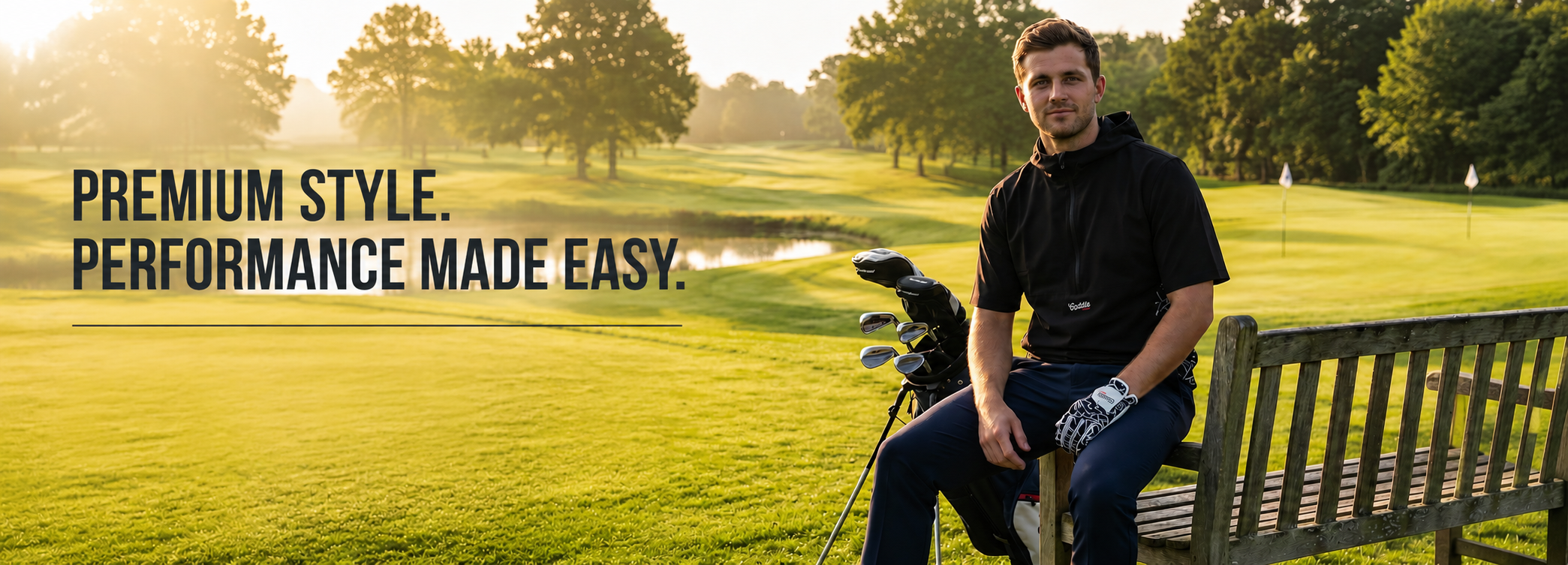 A man in a black polo shirt and jeans sits on a wooden bench on a golf course, with golf clubs beside him. Large text on the left reads, 'PREMIUM STYLE.