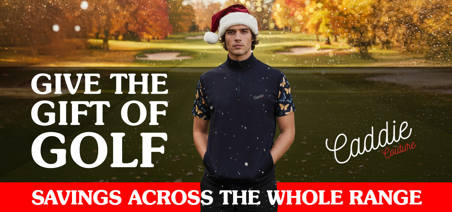 golfer wearing butterfly polo and thermal jacket with Christmas hat on