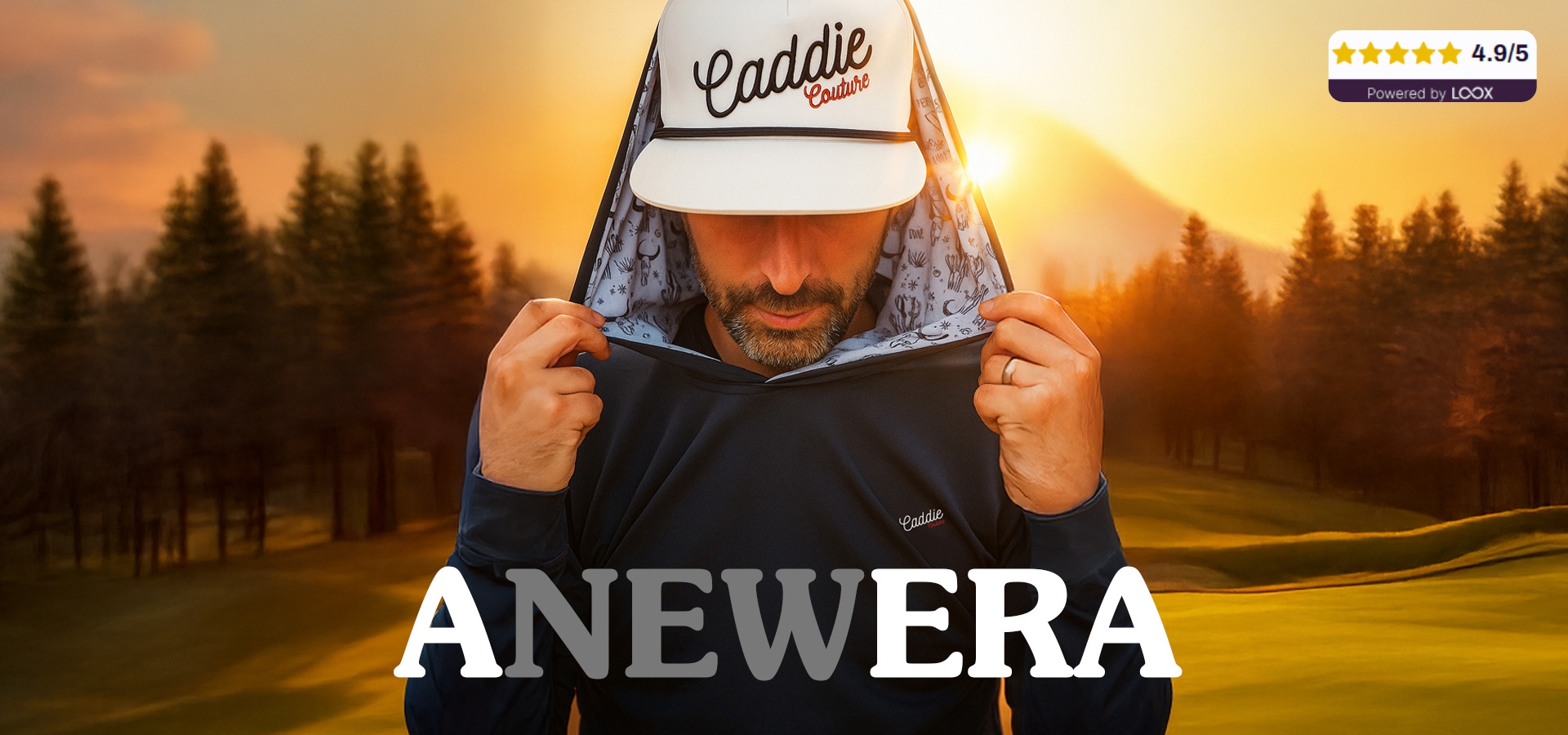 Man wearing a cap with 'Caddie' text on a golf course at sunset. Wearing a Caddie Couture Hoodie. with 4.9 out of 5 star rating