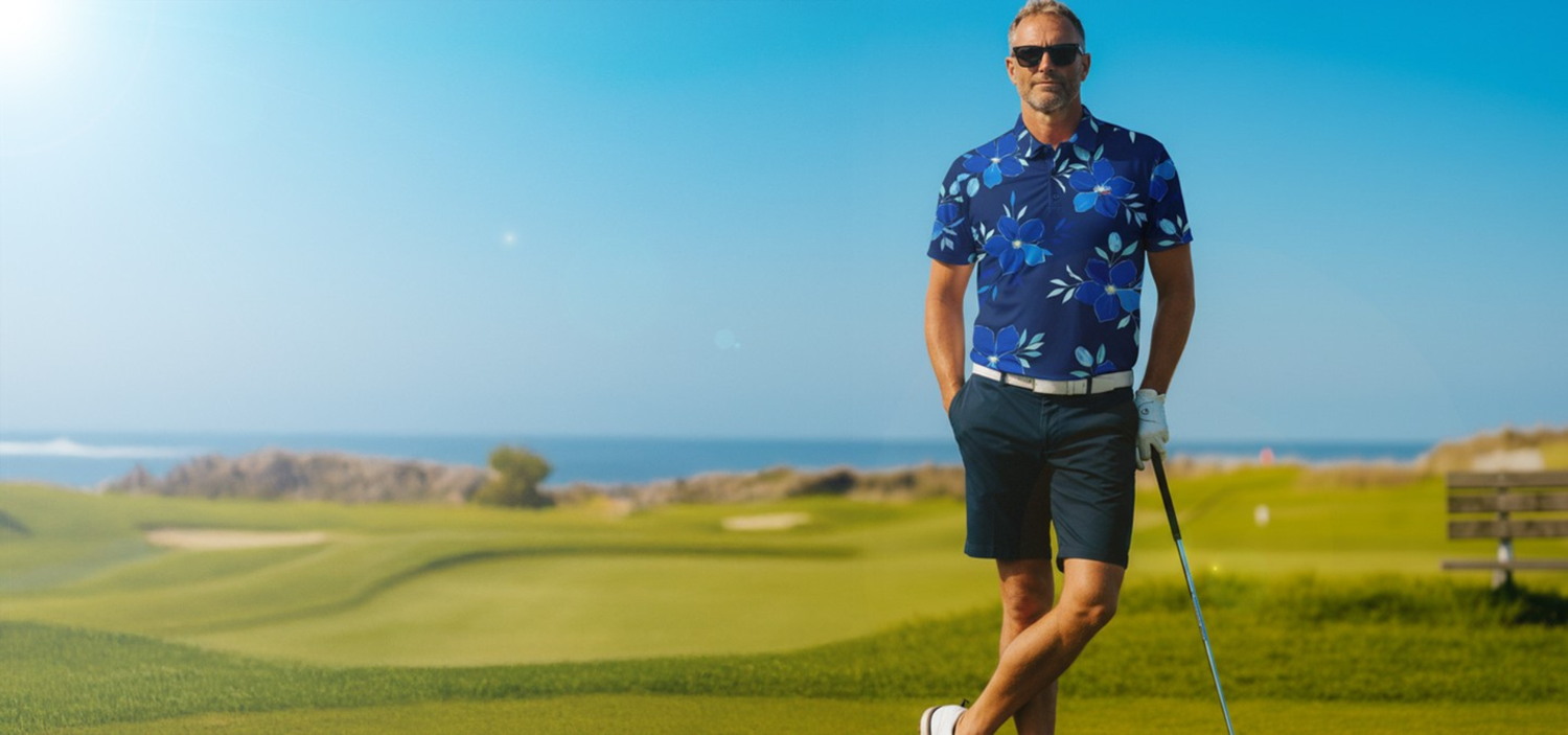 Man in a blue floral shirt and sunglasses standing on a golf course with ocean view