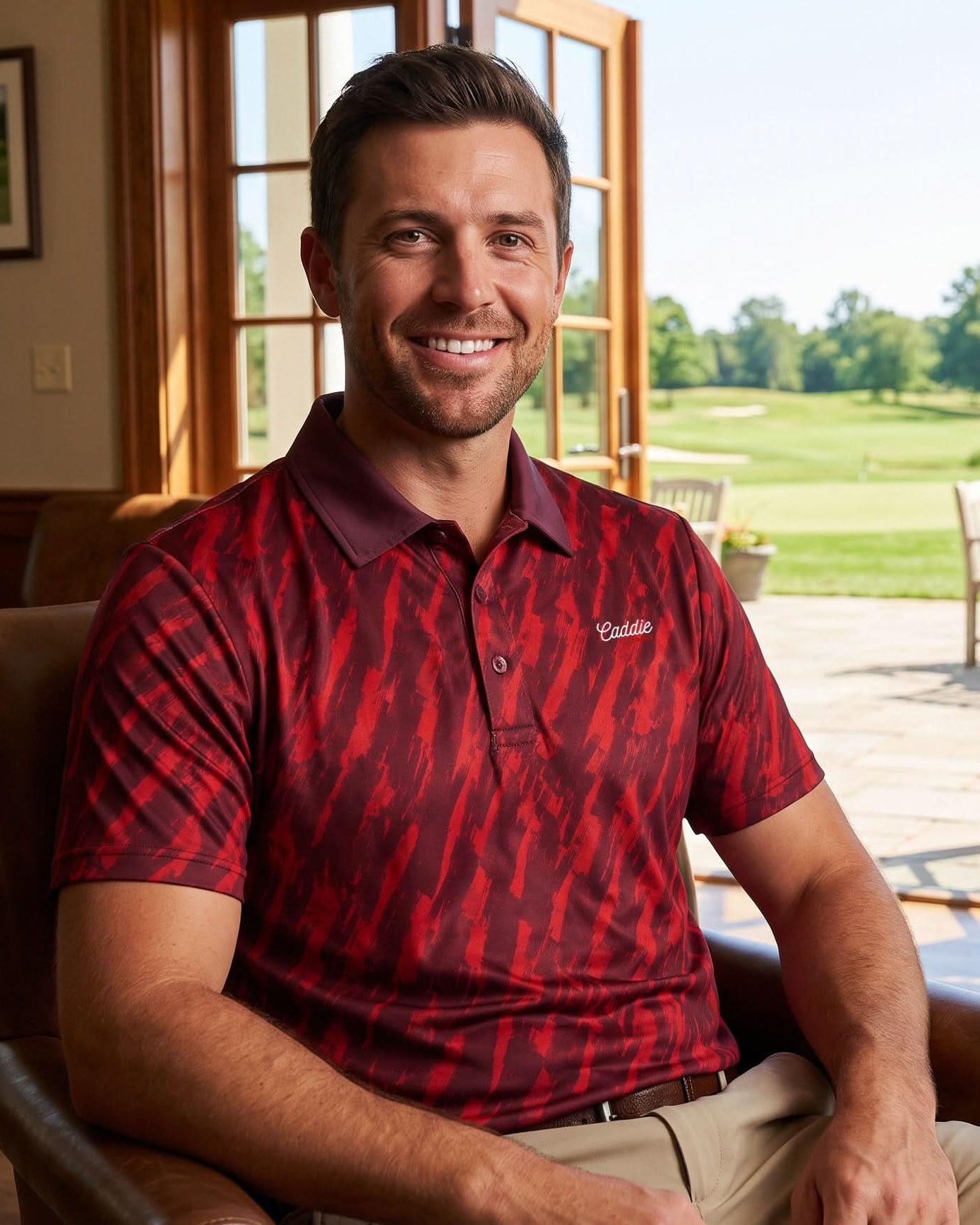 A smiling man seated in a brown leather armchair inside a sunlit room, wearing a red and black patterned polo shirt with a small white embroidered logo on the chest. Through large glass doors, a golf course landscape is visible in the background.