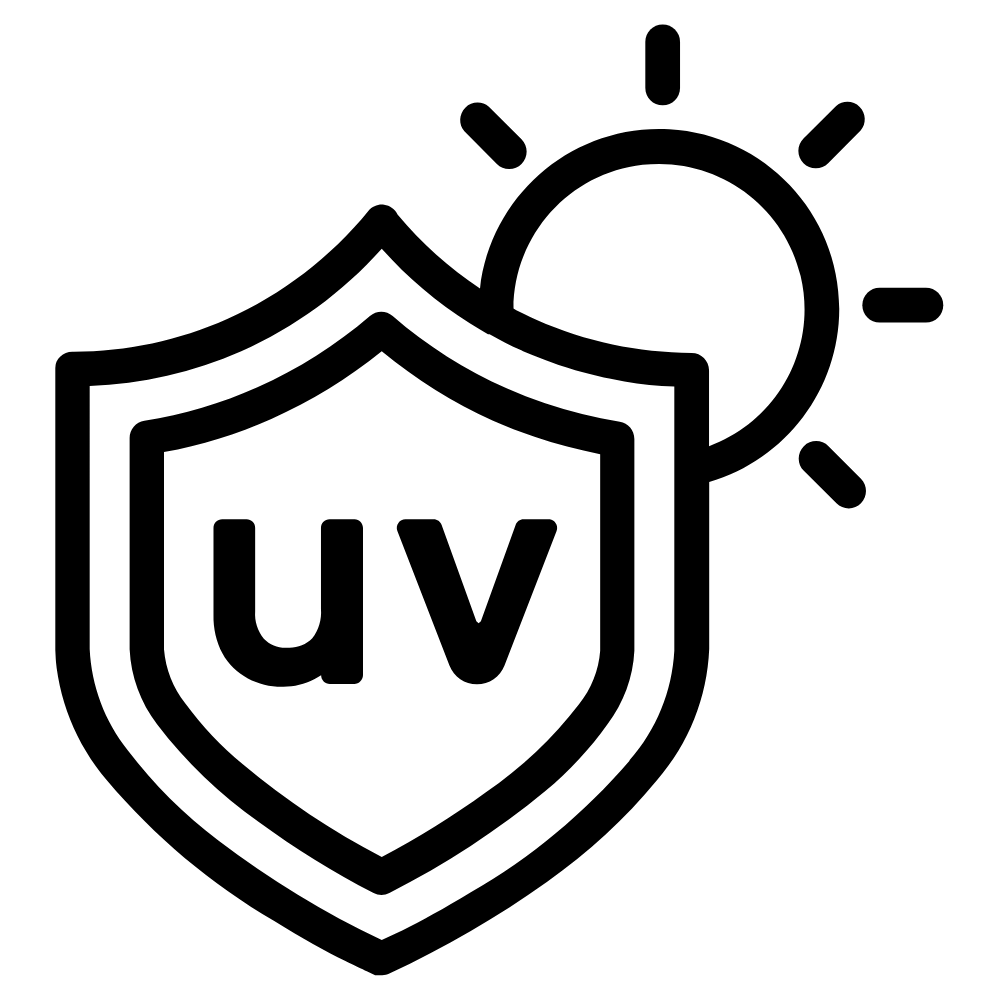 Shield icon with 'UV' text and sun rays on a white background