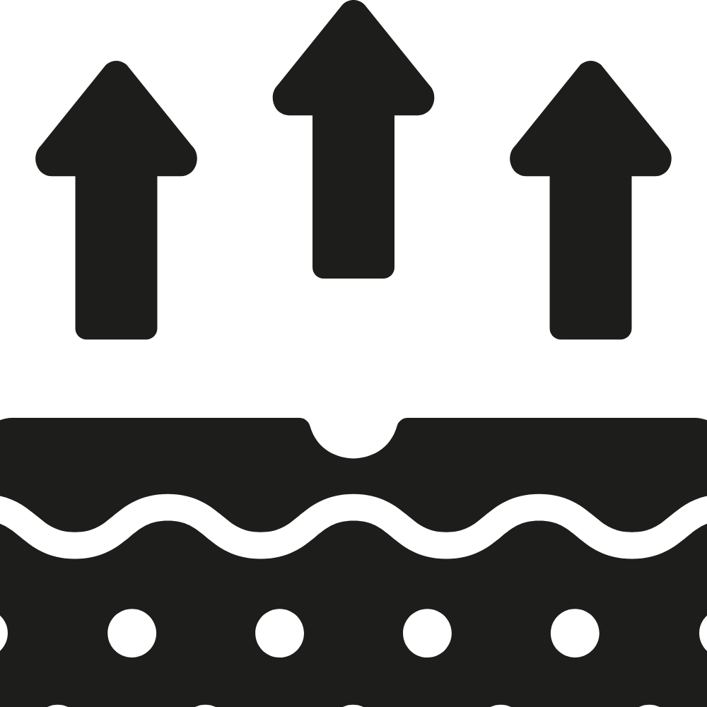 Icon with three black arrows pointing upwards above a black band with wavy white lines and small white circles.