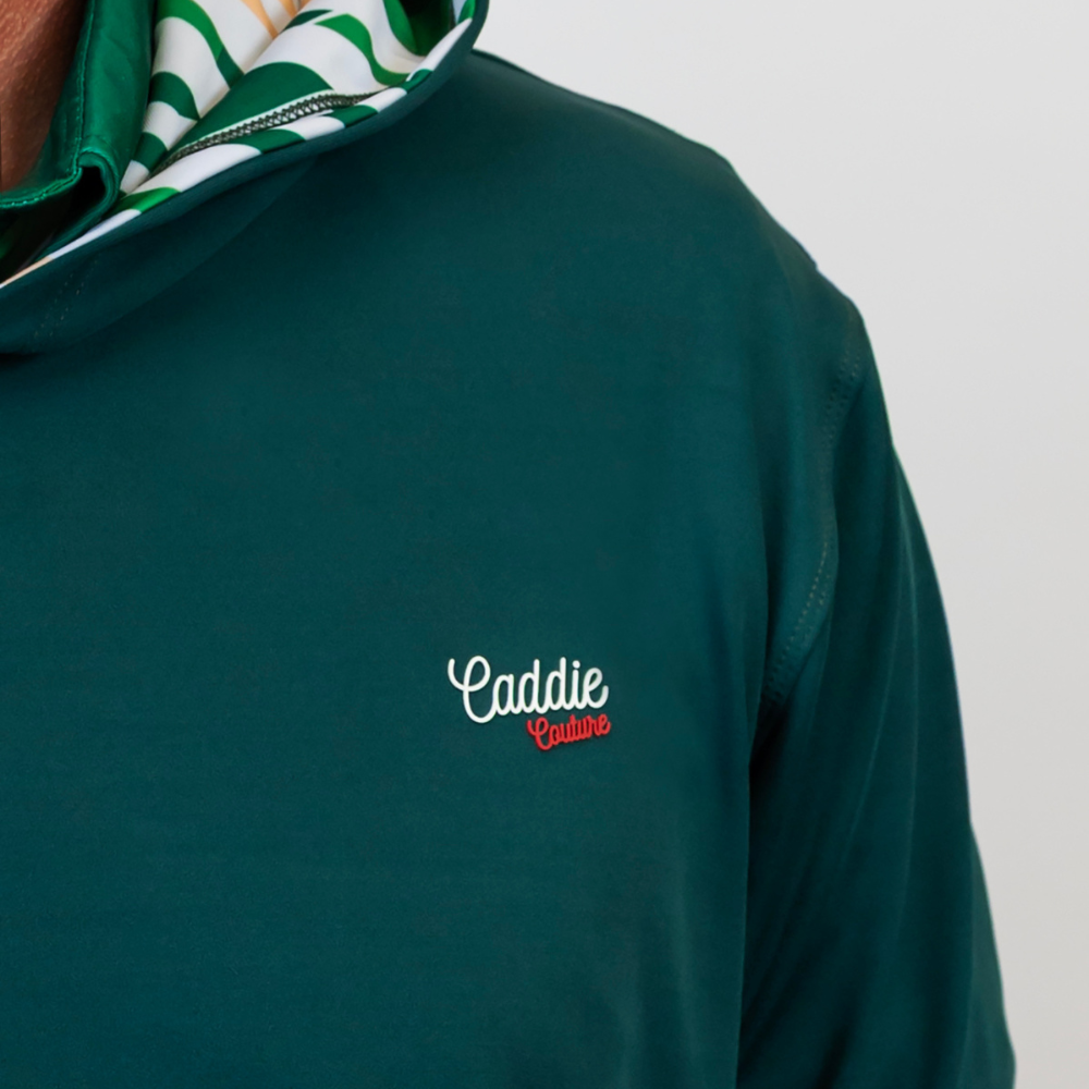 Green Golf Hoodie with 'Caddie' logo on a white background