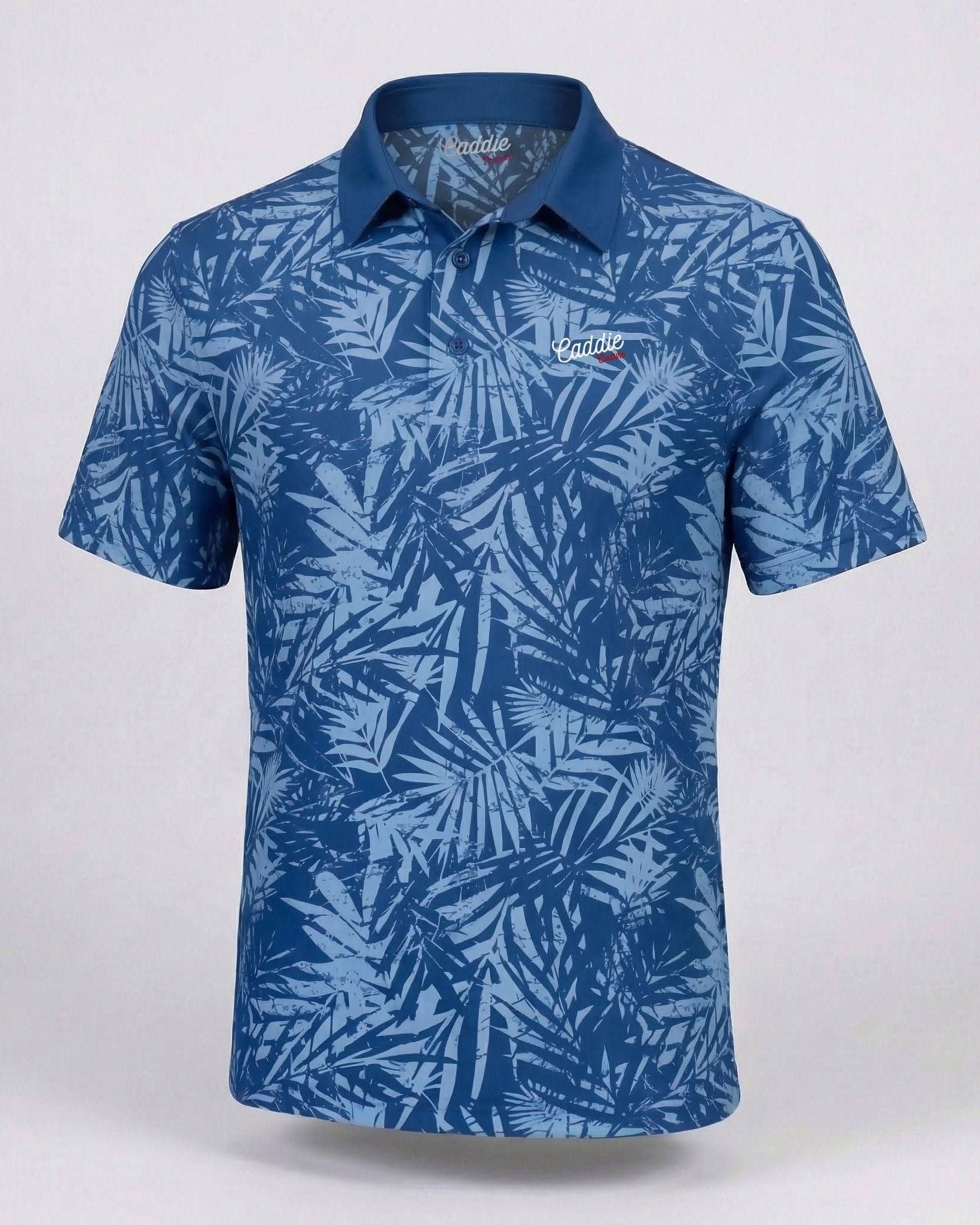 Blue patterned polo shirt on a light gray background