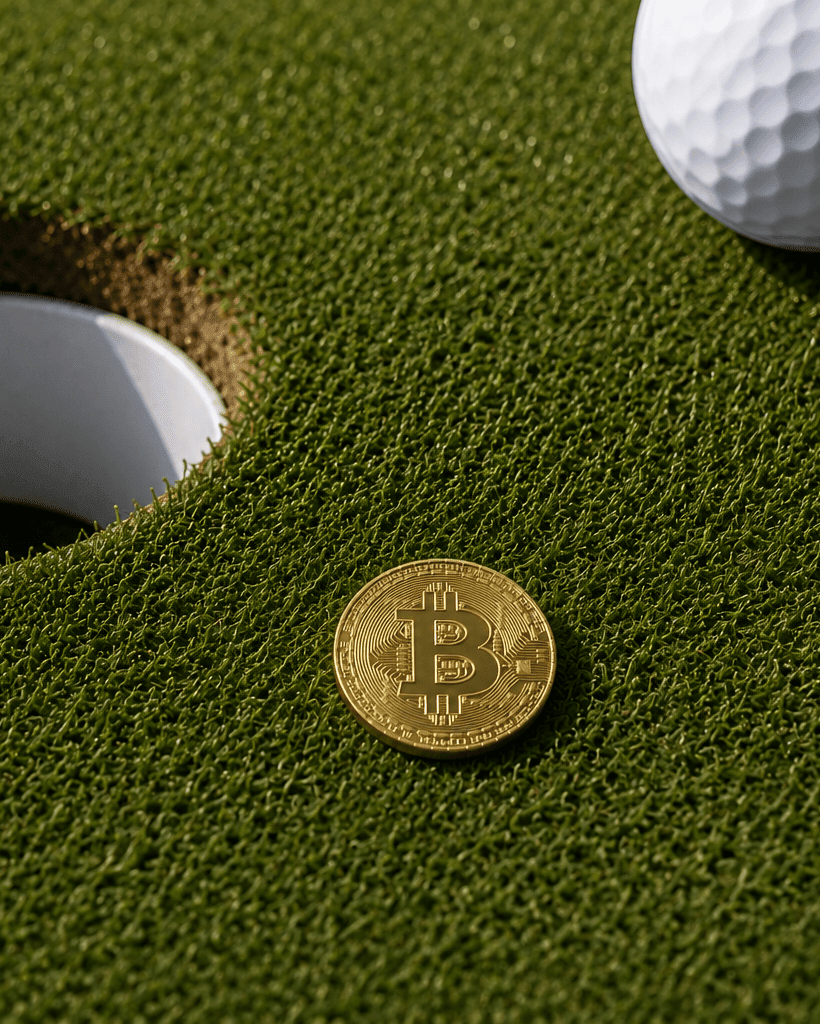 Golf ball and Bitcoin coin on a green golf course with a hole in the background