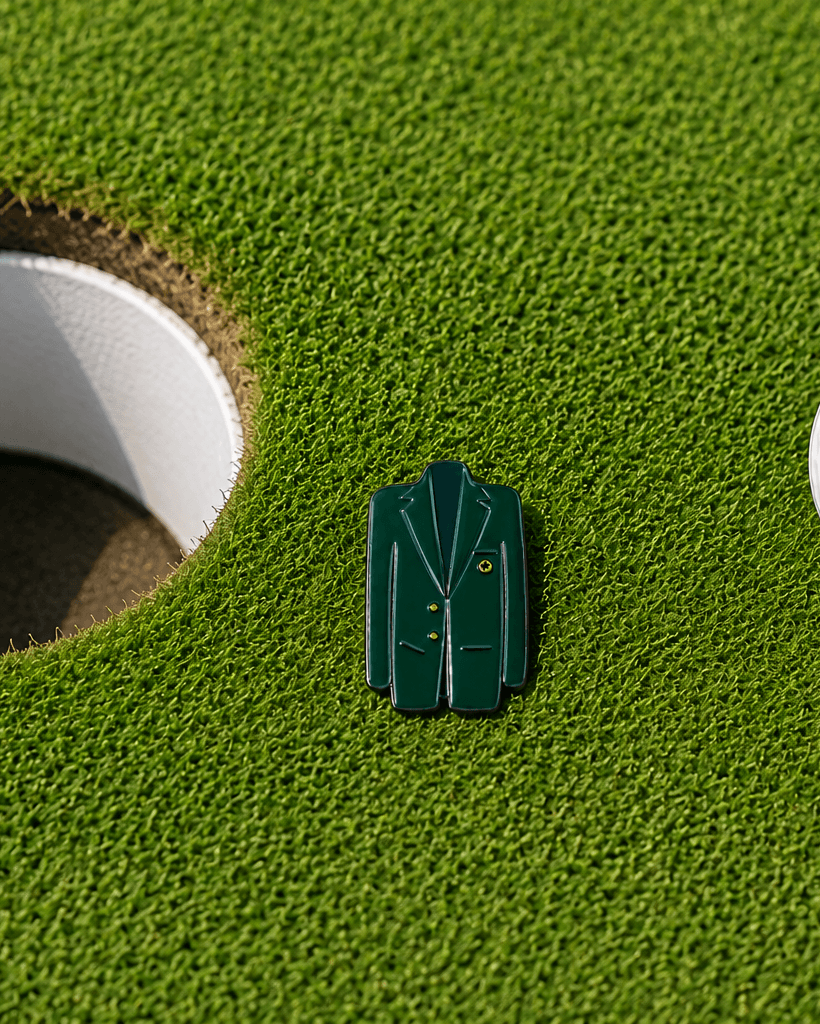 Golf ball and green jacket ball marker on a green putting surface with a hole.