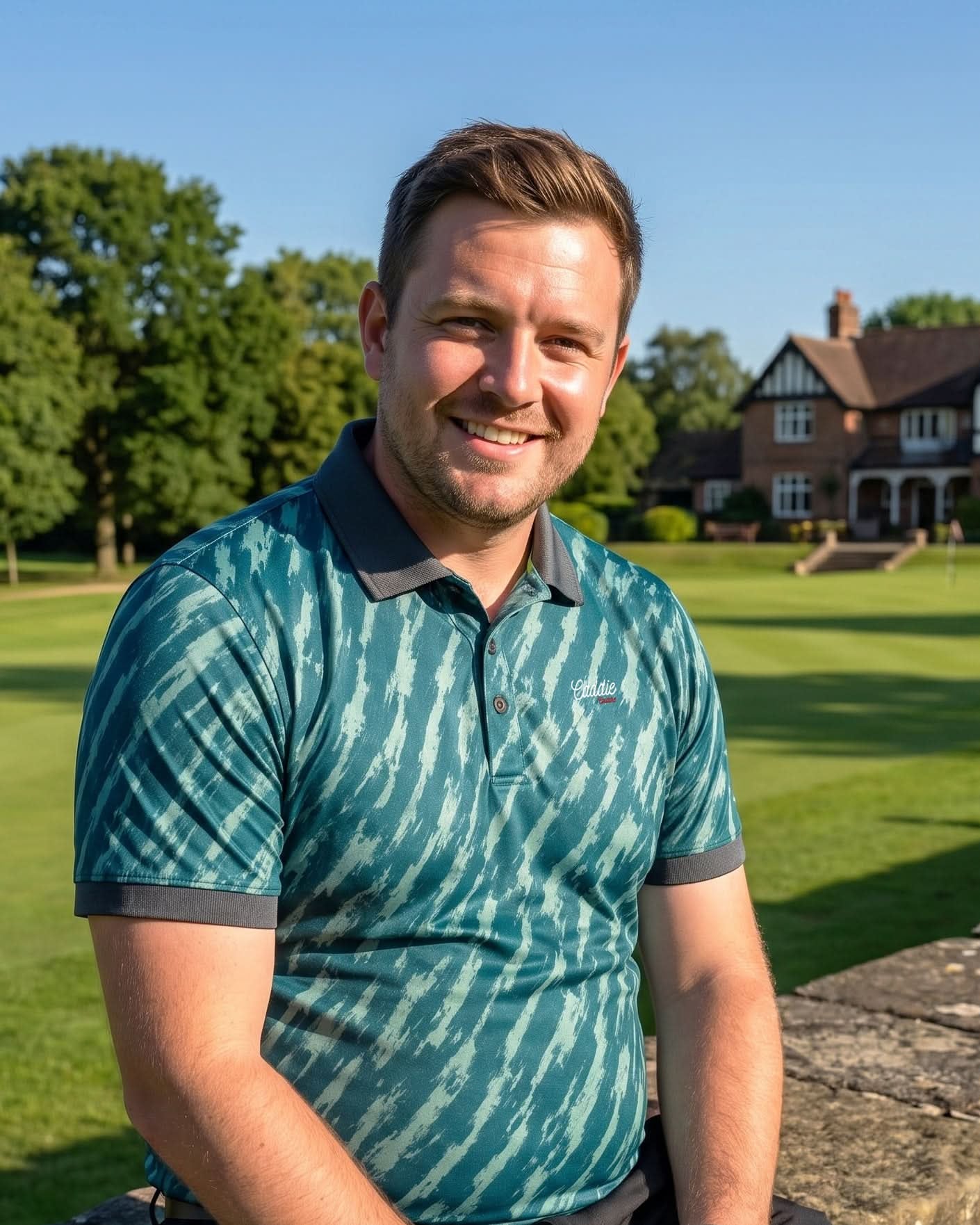 A smiling man wearing a teal and white patterned polo shirt stands outdoors in front of a large green lawn and a brick house under a clear blue sky.