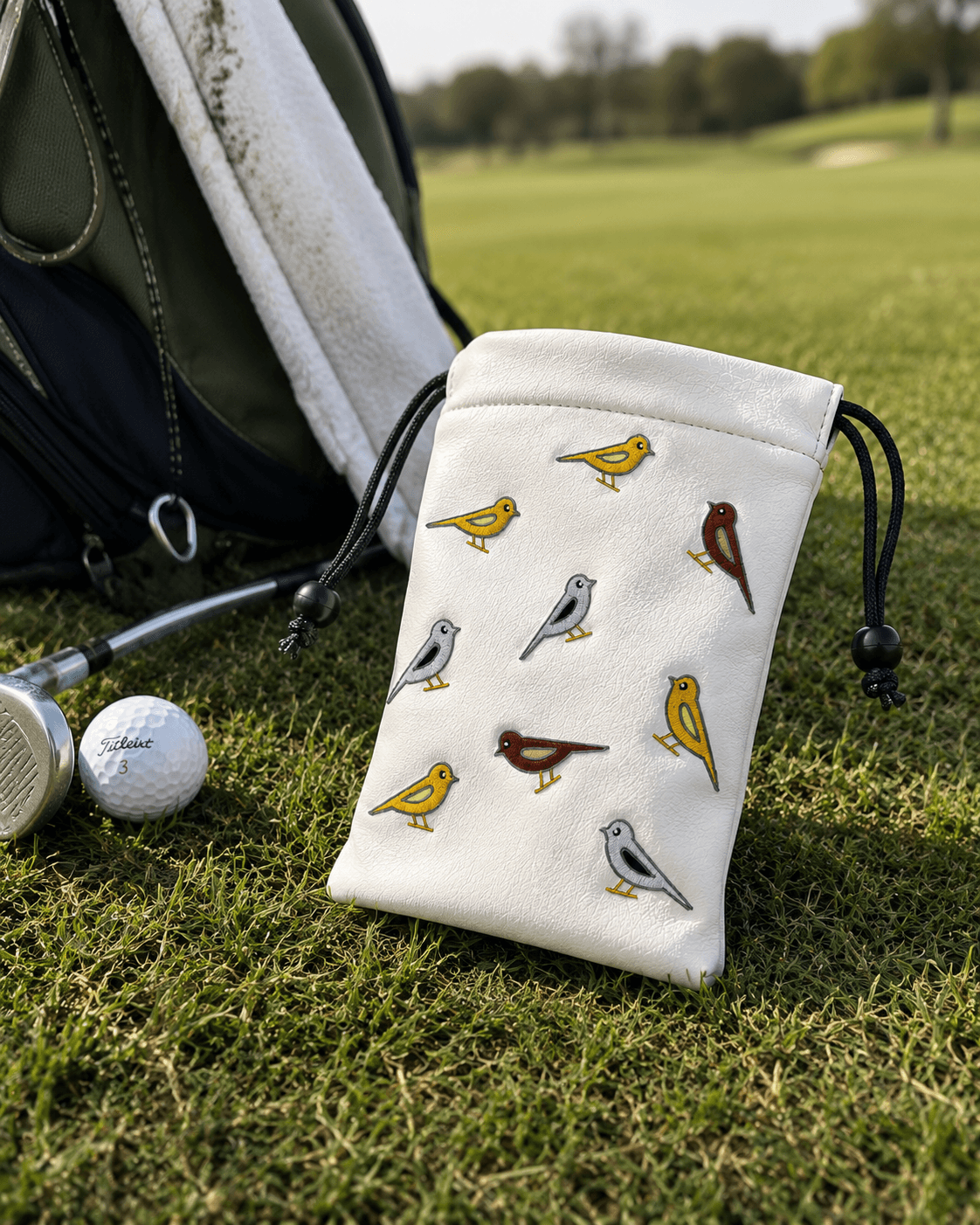 Golf bag with bird-themed pouch on a golf course