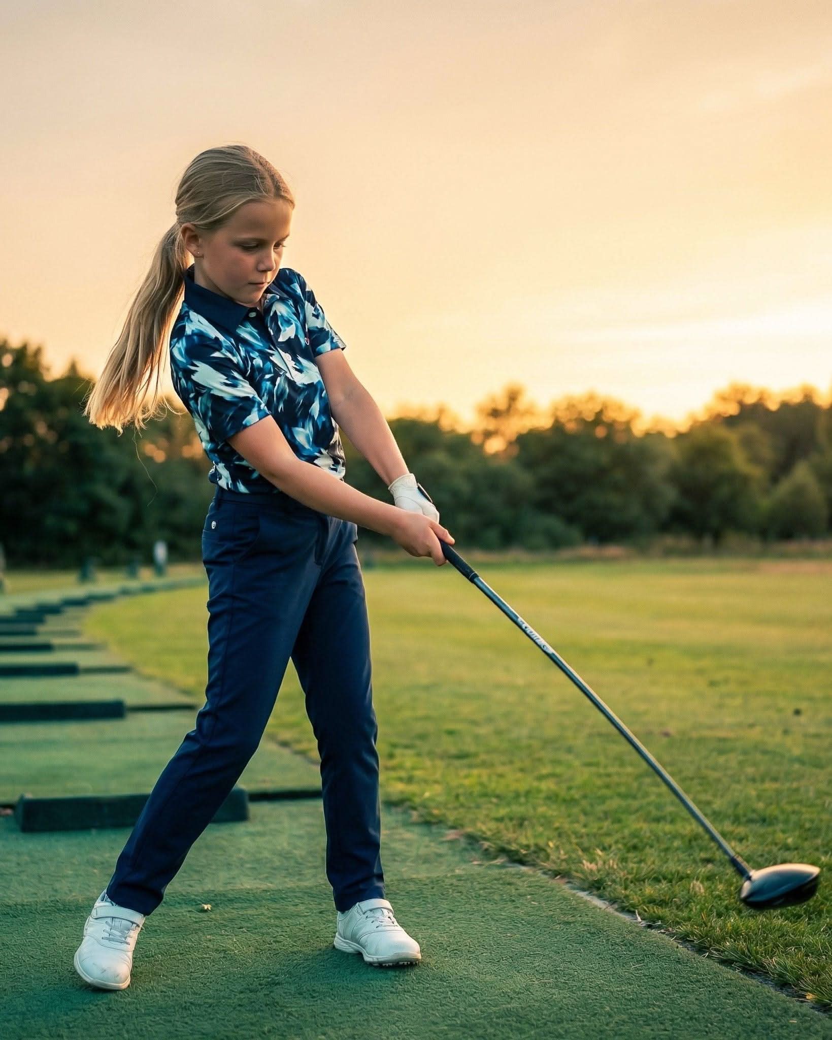Young girl practicing golf on a driving range with trees and sunset in the background