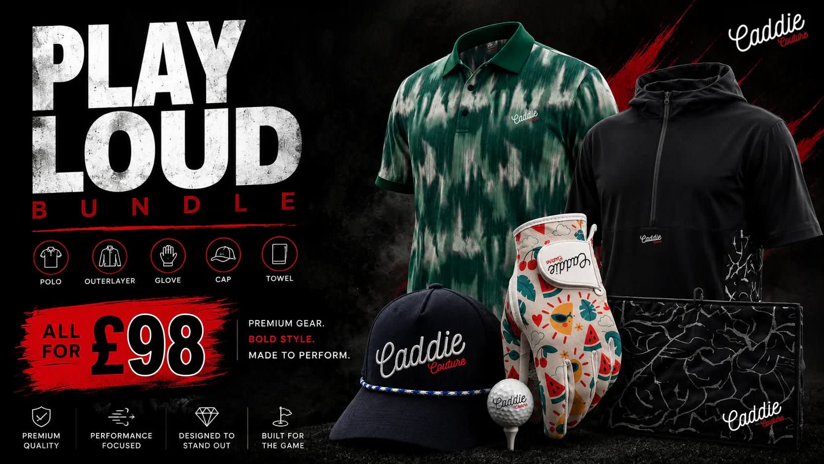 Golf gear bundle with clothing and accessories on a dark background, featuring the brand 'Caddie'.