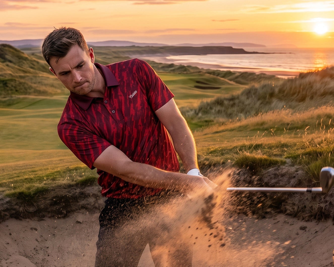 A male golfer in a red and black striped polo shirt and dark trousers swings a club from a sand bunker on a golf course at sunset, with ocean and dunes in the background.