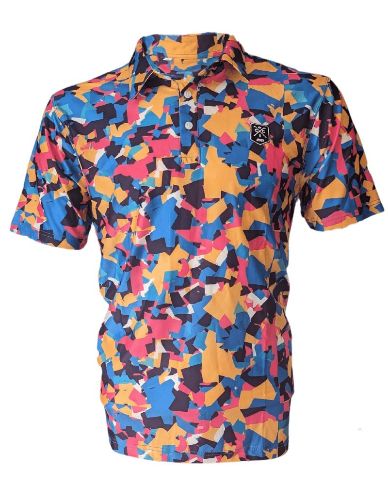 A multicolored geometric patterned golf polo shirt.
