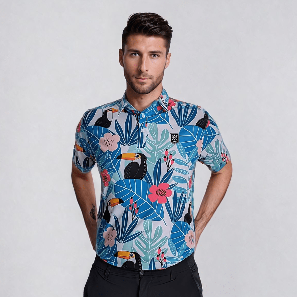 male model front facing wearing toucan golf polo shirt