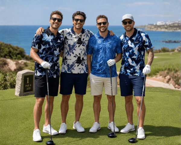 4 men wearing bold caddie couture polos on a golf course