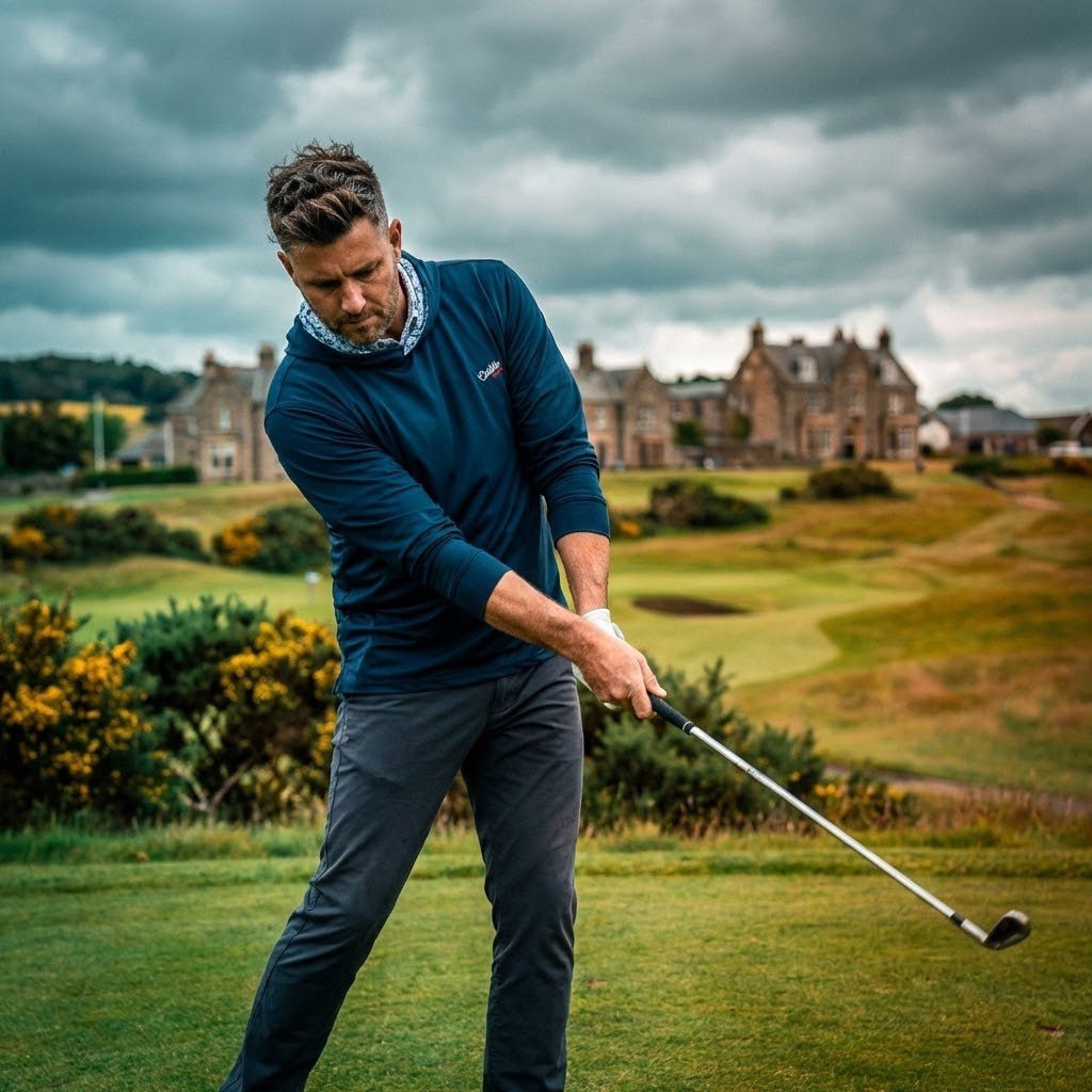 man swing golf club with caddie couture hoodie on