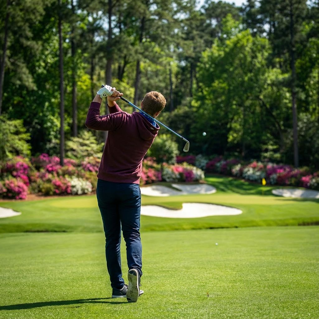 man hitting golf ball on course - spring weather wearing golf hoodie