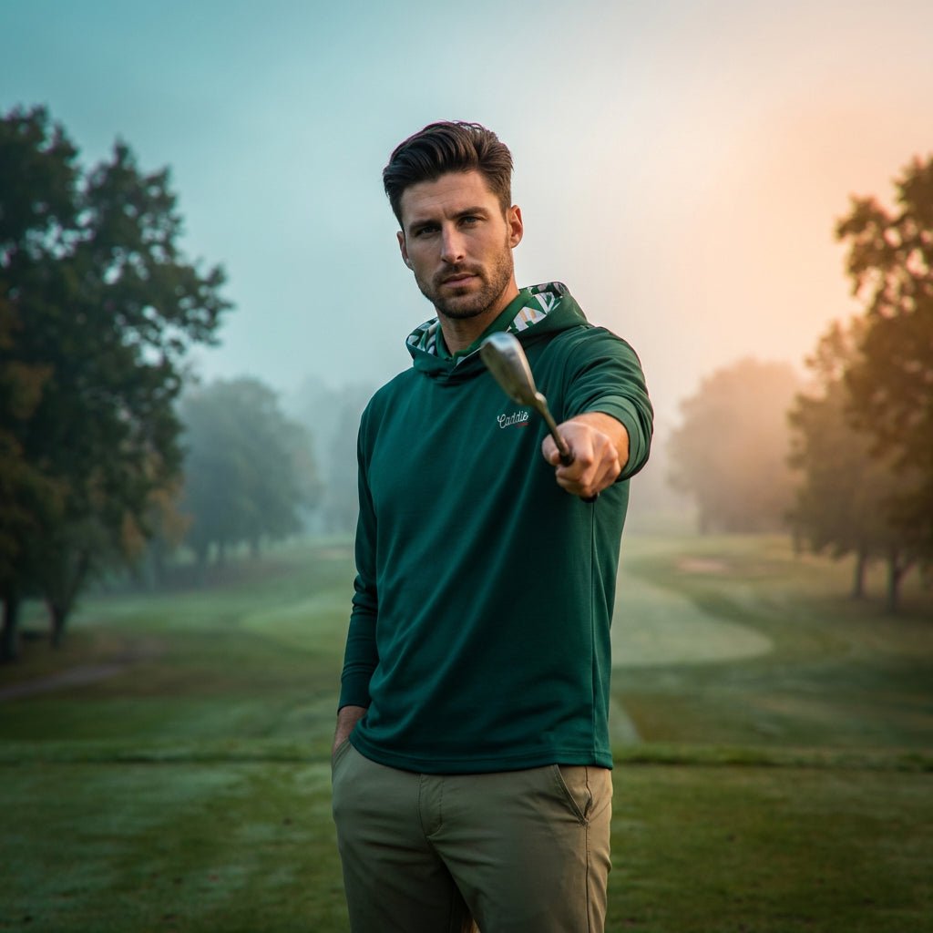 man pointing golf club at the camera wearing green golf hoodie on a golf course