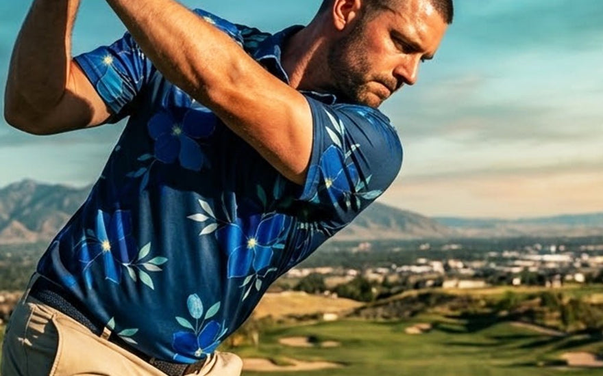 Man swinging golf club on tee with sun shining on him