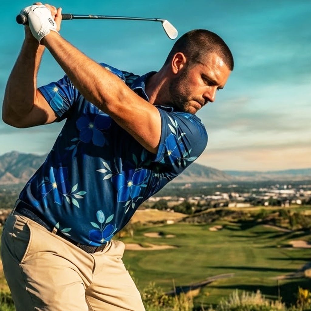 Man swinging golf club on tee with sun shining on him