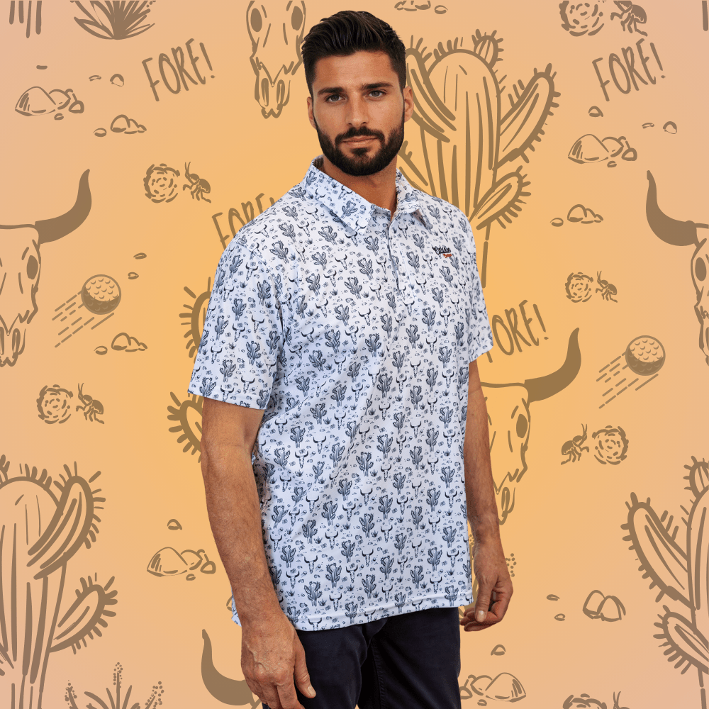 Man wearing Bull and Cactus pattern golf polo