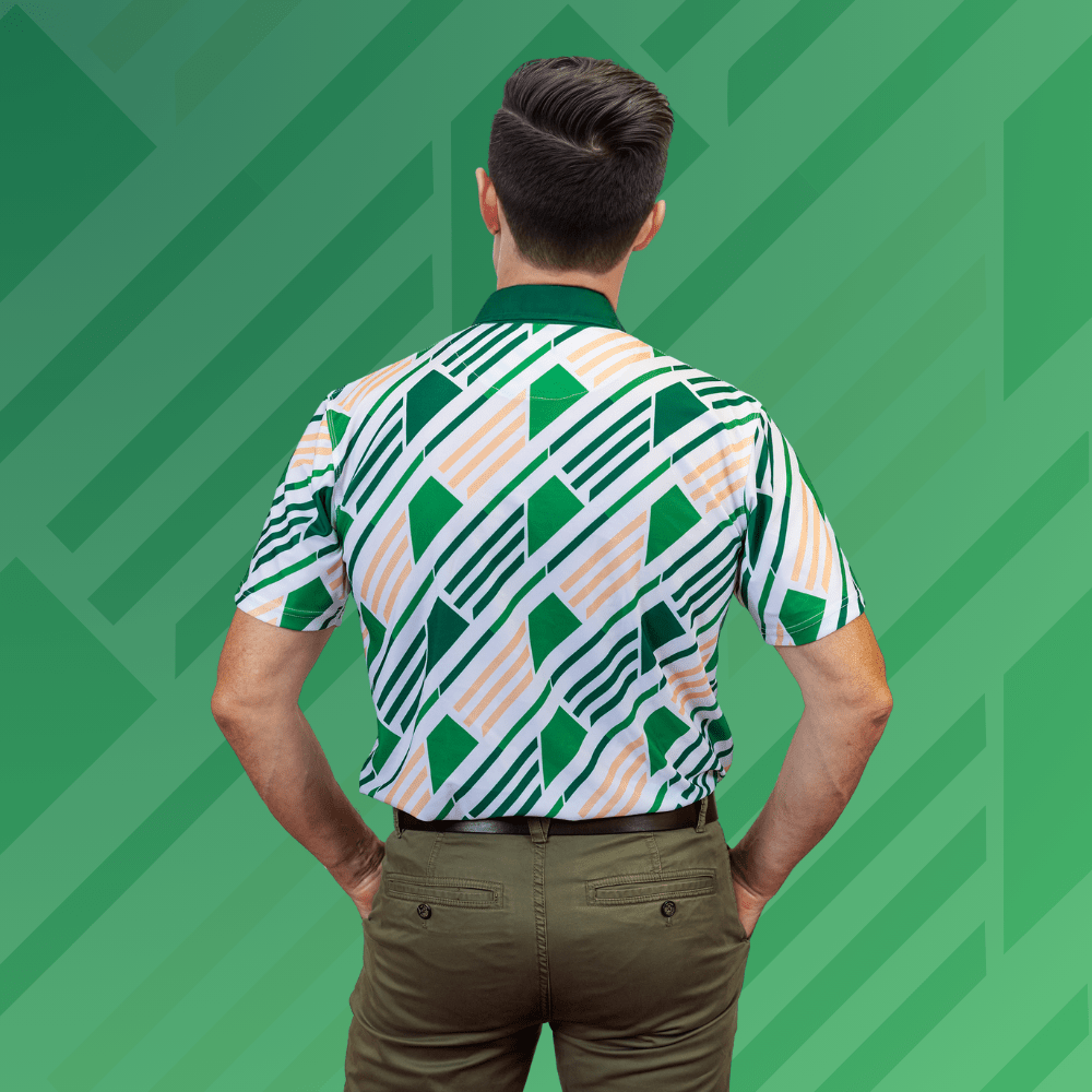 Man Wearing Green Geo Golf Polo with Back to camera
