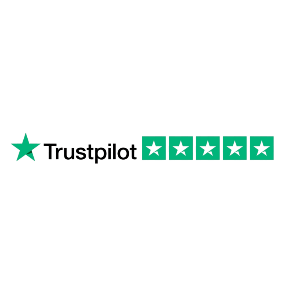 Trustpilot logo with a green star icon, black 'Trustpilot' text, and five green star boxes on a white background.