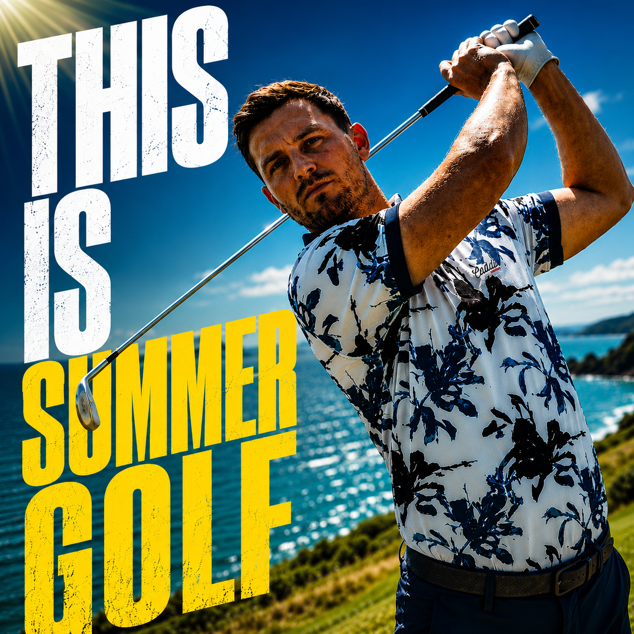 A man in a white and navy floral golf shirt swings a golf club on a sunny lakeside course, with large text reading 'THIS IS SUMMER GOLF' over the image.
