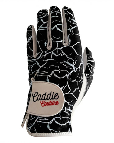 Golf glove with black and white pattern on a white background
