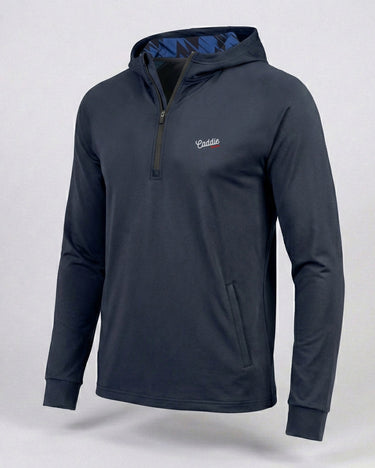 Navy pullover with a brand logo on a light gray background