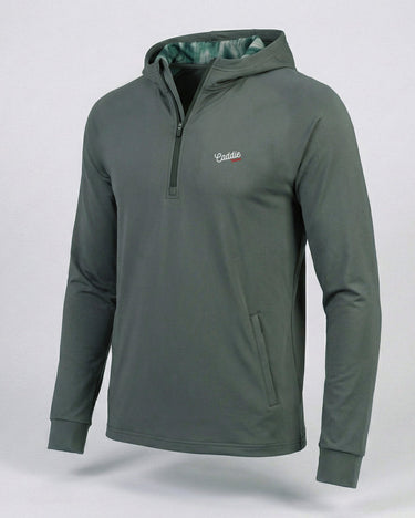 Green hoodie with a brand logo on a light gray background