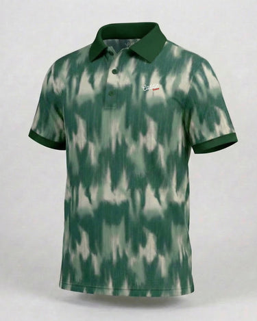 Green and white patterned polo shirt with a brand logo on a light gray background