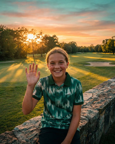 Person waving at sunset on a golf course
