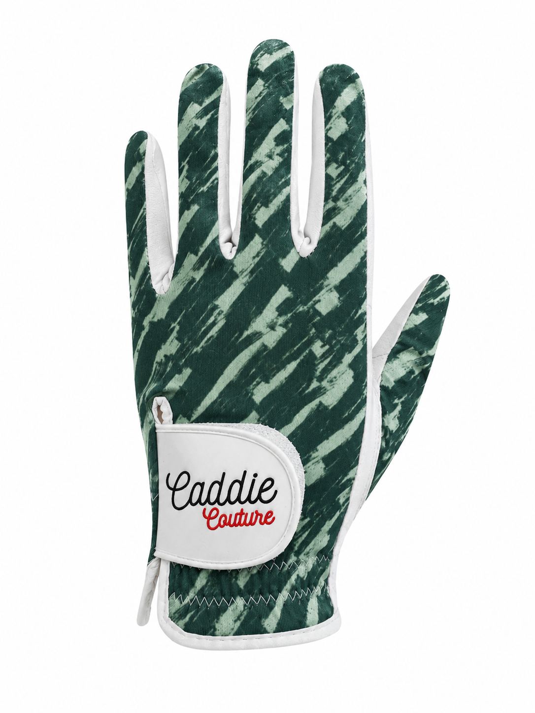 A single golf glove from Caddie Couture featuring a dark green and light green brushstroke pattern with white trim and a white wrist strap.