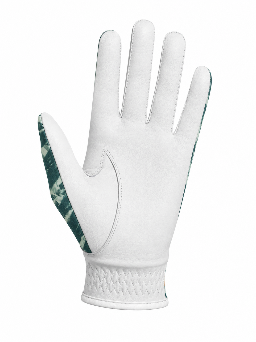 A white leather golf glove with green and white patterned accents on the back of the hand and along the sides, shown against a plain white background.