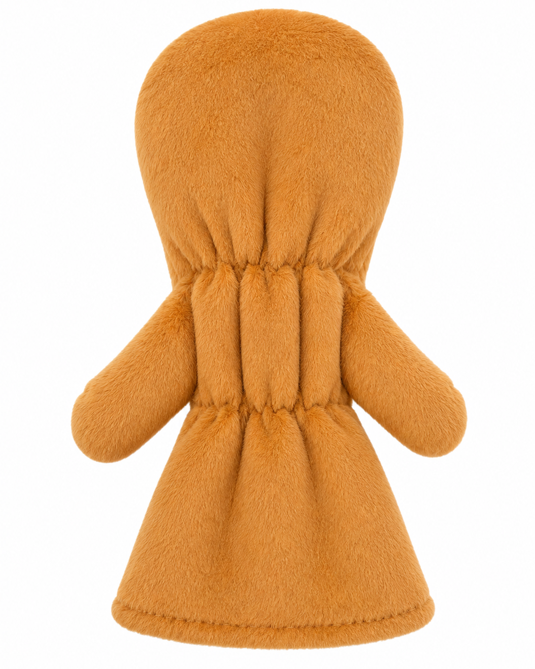 A plush, soft-textured orange toy figure with a rounded head, gathered waist, and short arms, shown against a plain white background.