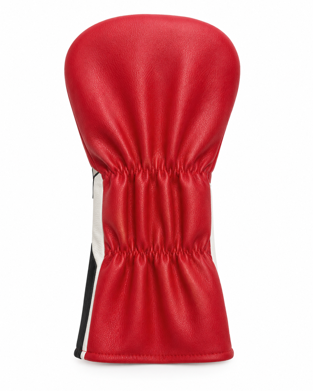 A red leather golf club headcover with a gathered elastic band and a side tab featuring a vertical white stripe with a black edge.