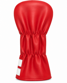 A bright red golf club headcover with a textured faux-leather finish and a white reflective stripe near the bottom, shown against a plain white background.