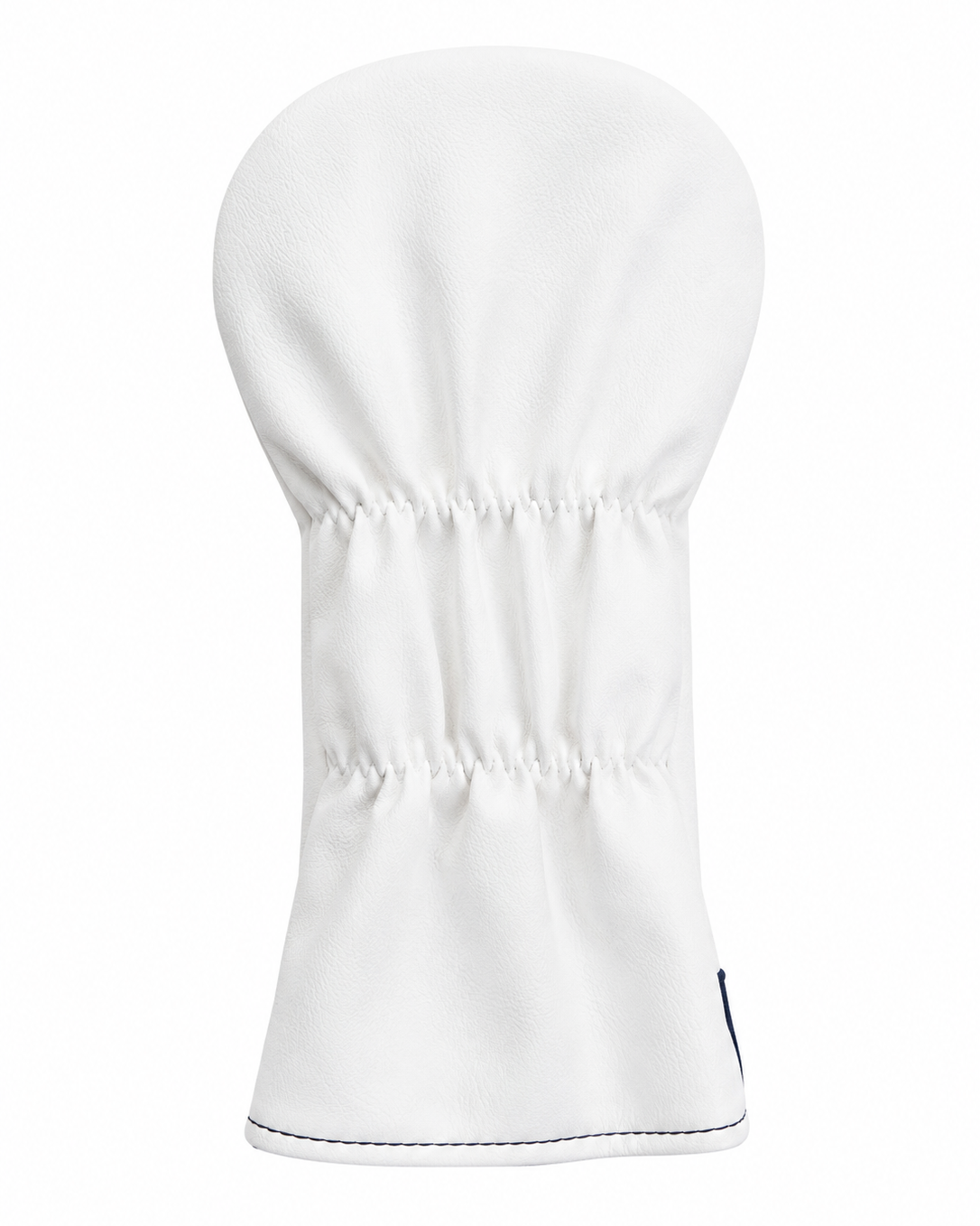 A white golf club headcover with a smooth fabric texture, featuring horizontal stitched compression bands and a small dark tag on the lower right edge, set against a plain white background.