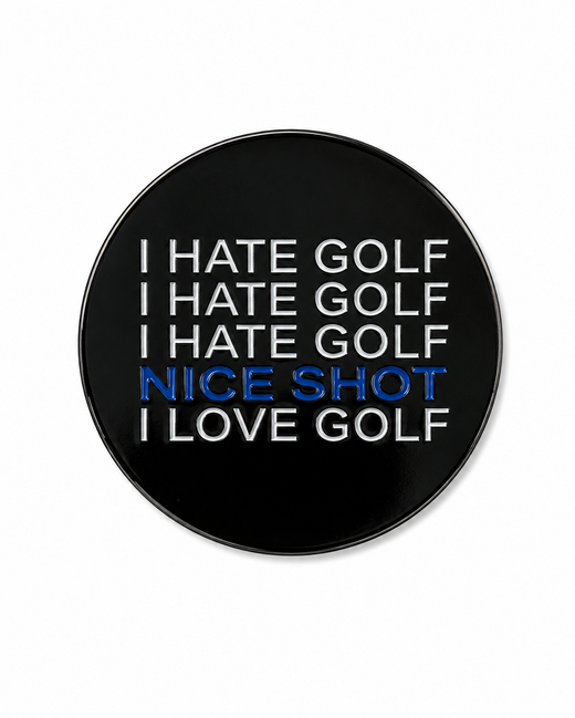 A circular black pinback button featuring the text 'I HATE GOLF' repeated in white, with 'NICE SHOT' in blue, and 'I LOVE GOLF' in white at the bottom, shown on a plain white background.
