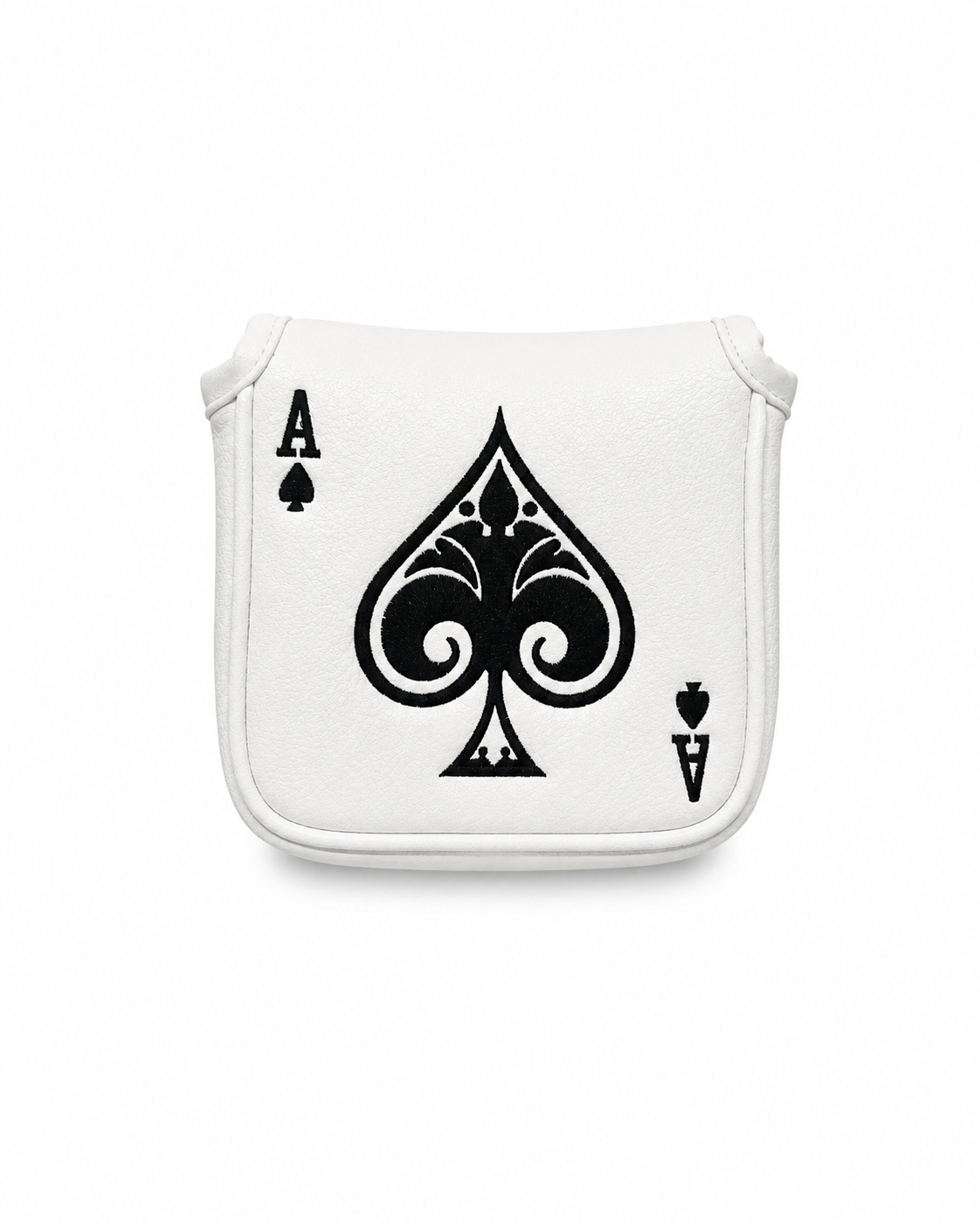 A white mallet putter cover featuring a large black Ace of Spades playing card graphic on the front, set against a plain white background.