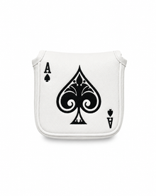 A white mallet putter cover featuring a large black Ace of Spades playing card graphic on the front, set against a plain white background.