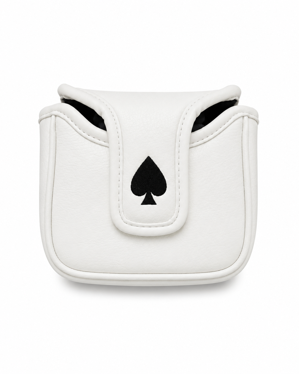 A white faux leather mallet putter cover featuring a black spade symbol on the front flap, shown against a plain white background.