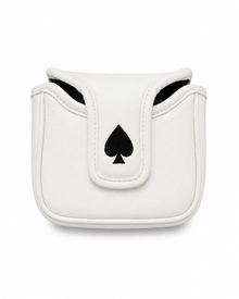 A white faux leather mallet putter cover featuring a black spade symbol on the front flap, shown against a plain white background.