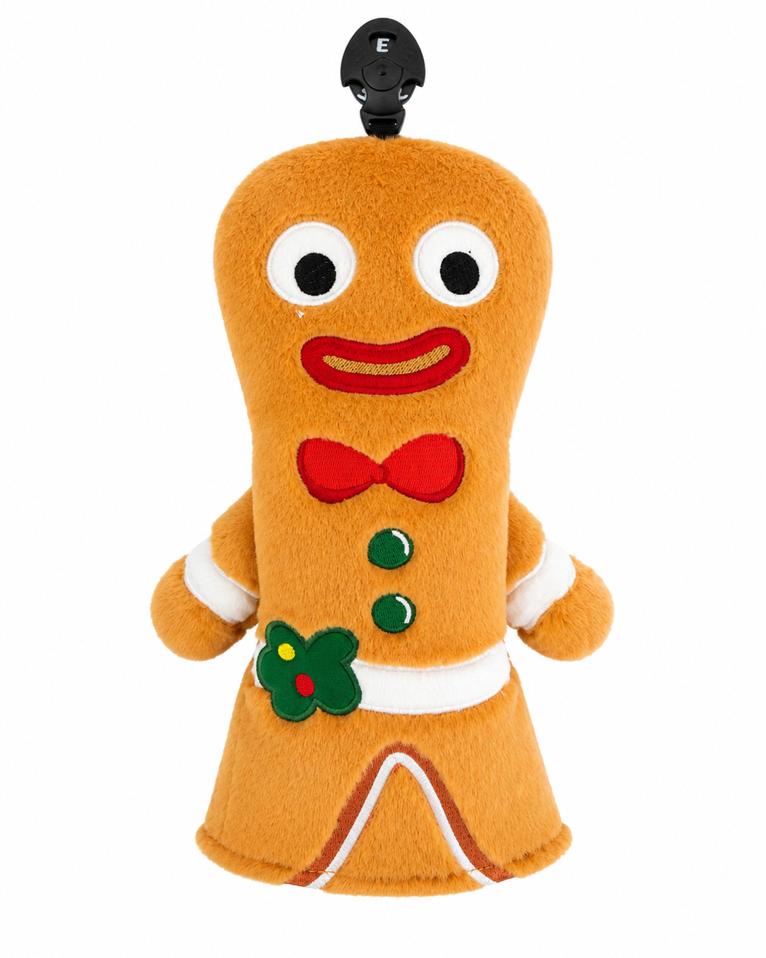 A plush gingerbread fairway wood head cover on a plain white background. The figure is made of orange-brown fuzzy fabric with embroidered facial features, a red bow tie, green buttons, and a green decorative accent on the front.