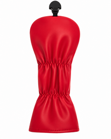 A bright red golf club headcover with a black plastic top knob, shown against a plain white background.