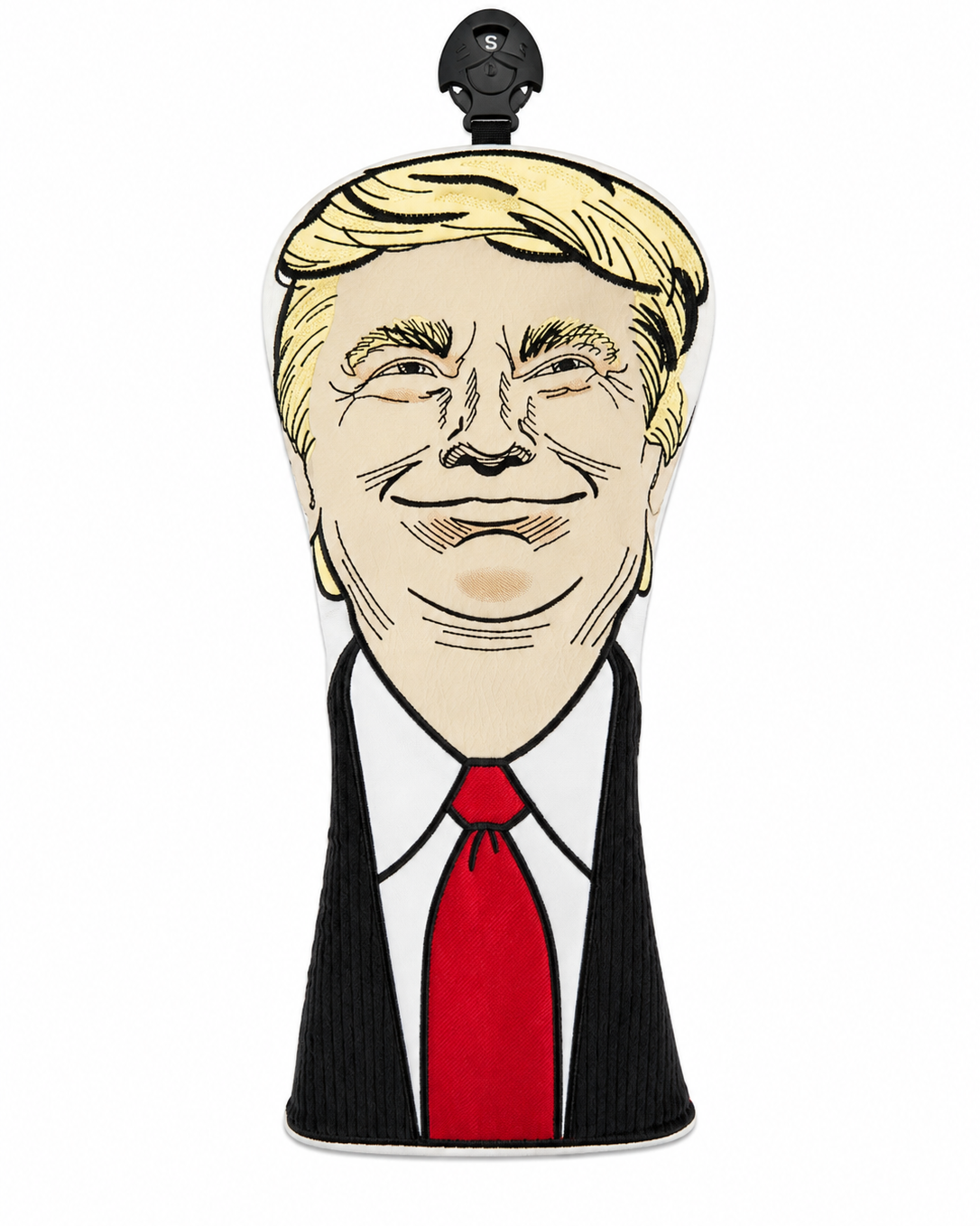 A novelty headcover shaped like a cartoon portrait of Donald Trump, featuring blond hair, a black suit jacket, white shirt, and red tie, shown on a plain white background.